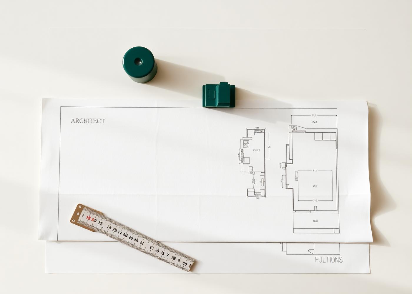 Architectural drawings, scale ruler and a building model on a desk