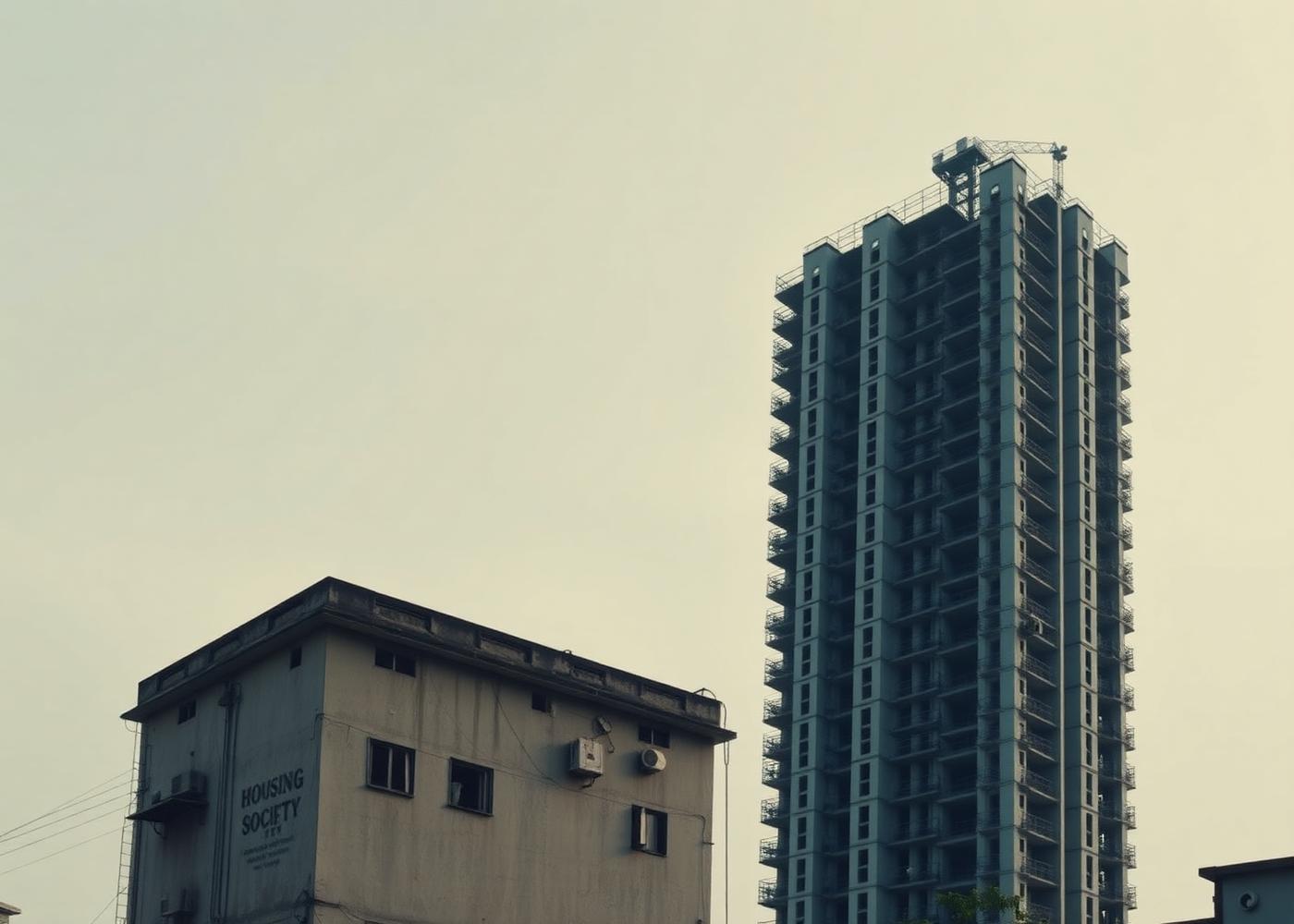An older housing society building beside a new tower under construction